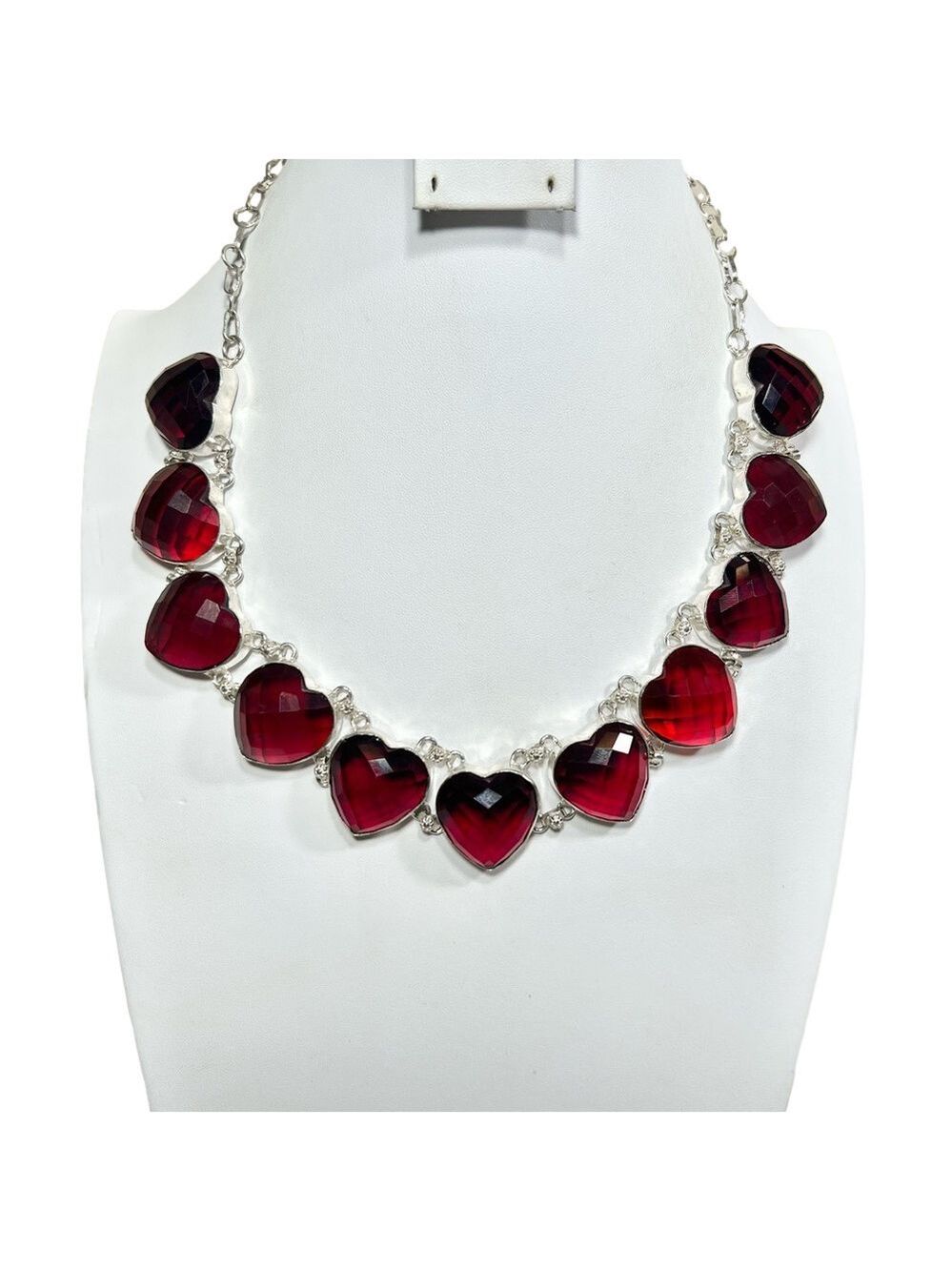 Garnet faceted Hearts 925 Synthetic Gemstone  large Necklace